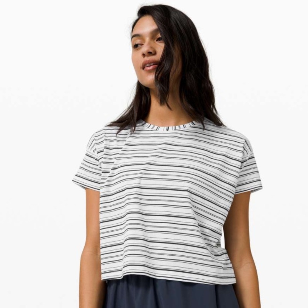 lululemon athletica White and Black Striped Muscle Tee